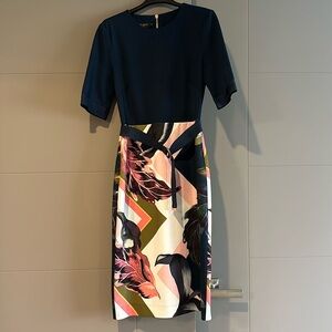 Ted Baker Navy Floral Pencil Dress Size 2 Or US 4